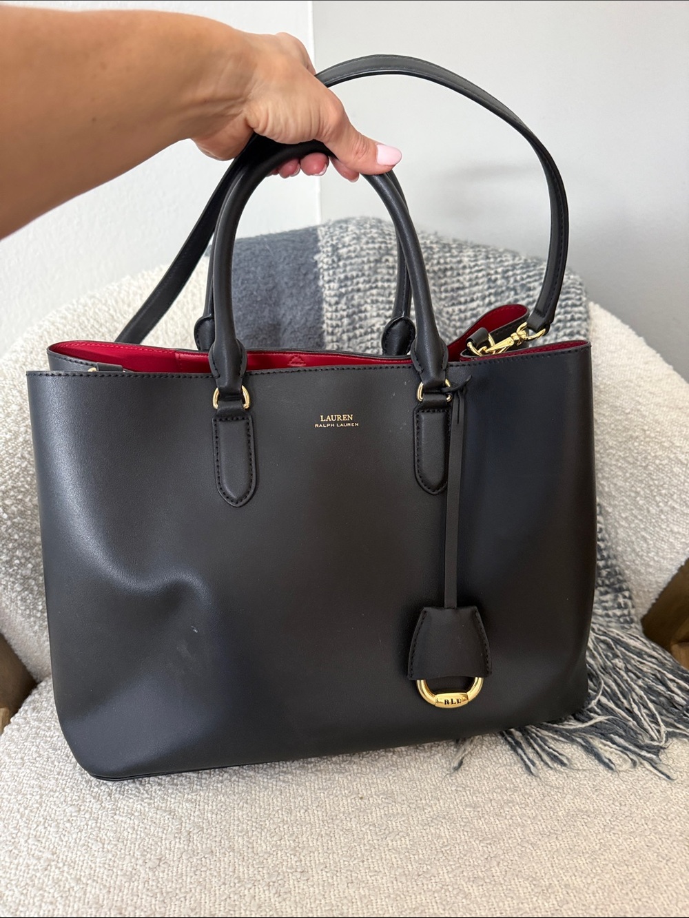 Lauren Ralph Lauren Black Leather Satchel with Red Interior